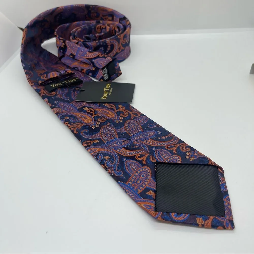Your Ties Navy Orange Paisley Silk Necktie NWT Office Career